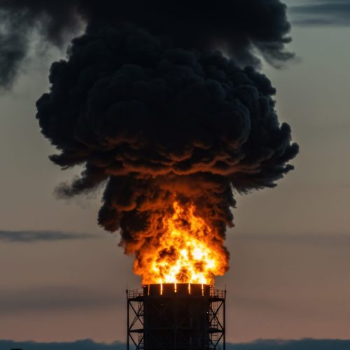 This image depicts an industrial flare stack with a bright orange flame erupting from its top, contrasted against a sky transitioning from twilight to dusk. Thick black smoke billows upward, forming a dense cloud against the pastel sky. The stack's metal structure is visible, creating a sense of scale. The image evokes environmental concerns and industrial processes. The photo could be used to illustrate articles about energy production, pollution, or technological advancements, industrial safety, or energy consumption.
